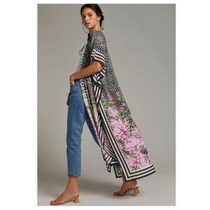 Cleo O/S, long fitted floral striped kimono / beach cover up, front zipper